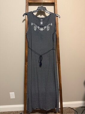 St. John's Bay Navy & White Striped Sleeveless Maxi with Embroidered Yoke